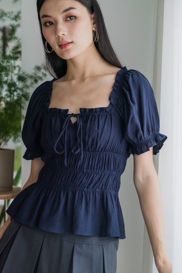 Hope Ruched Ribbon Top In Navy