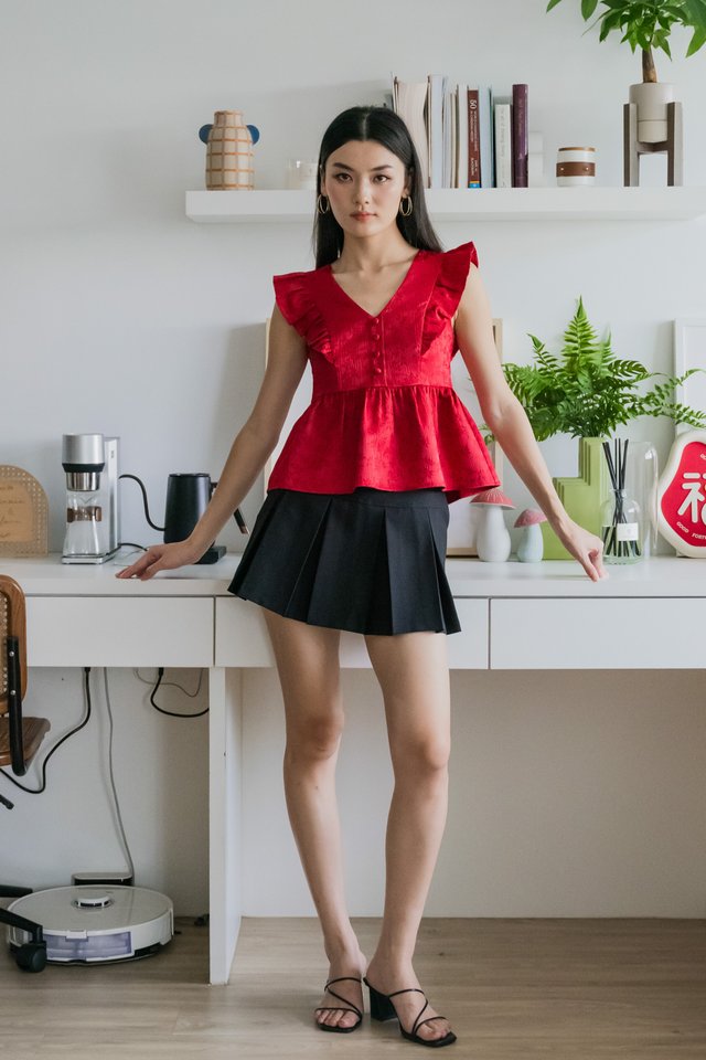 Ruby Embossed Ruffle Sleeves Top In Red