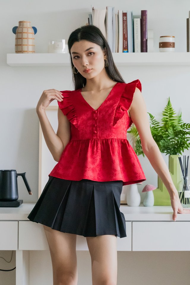 Ruby Embossed Ruffle Sleeves Top In Red