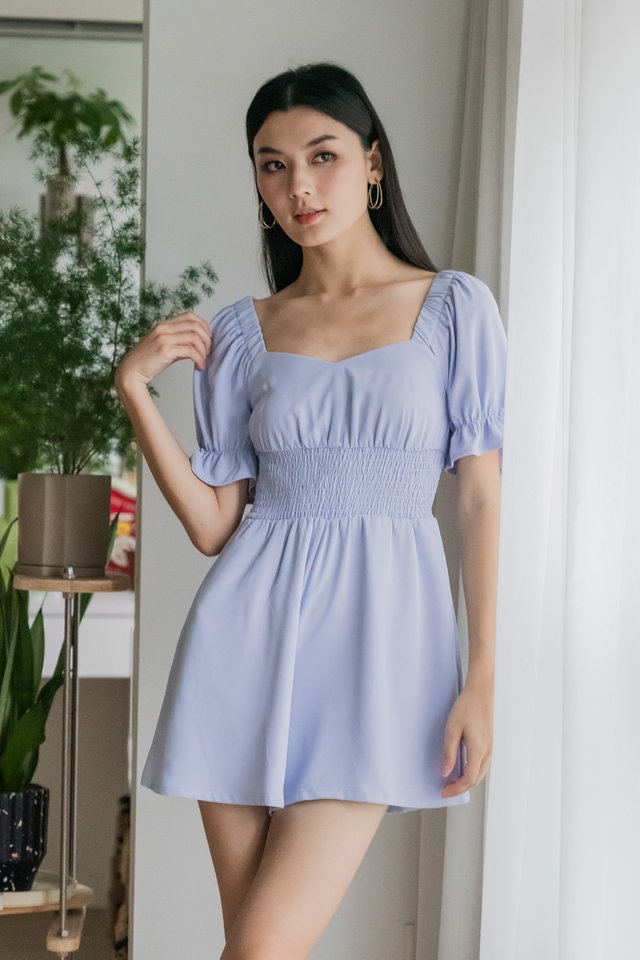 Sonya Smocked Waist Romper In Powder Blue