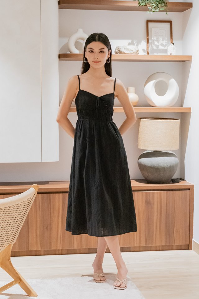 Cotta Eyelet Ribbon Camisole Midi Dress In Black