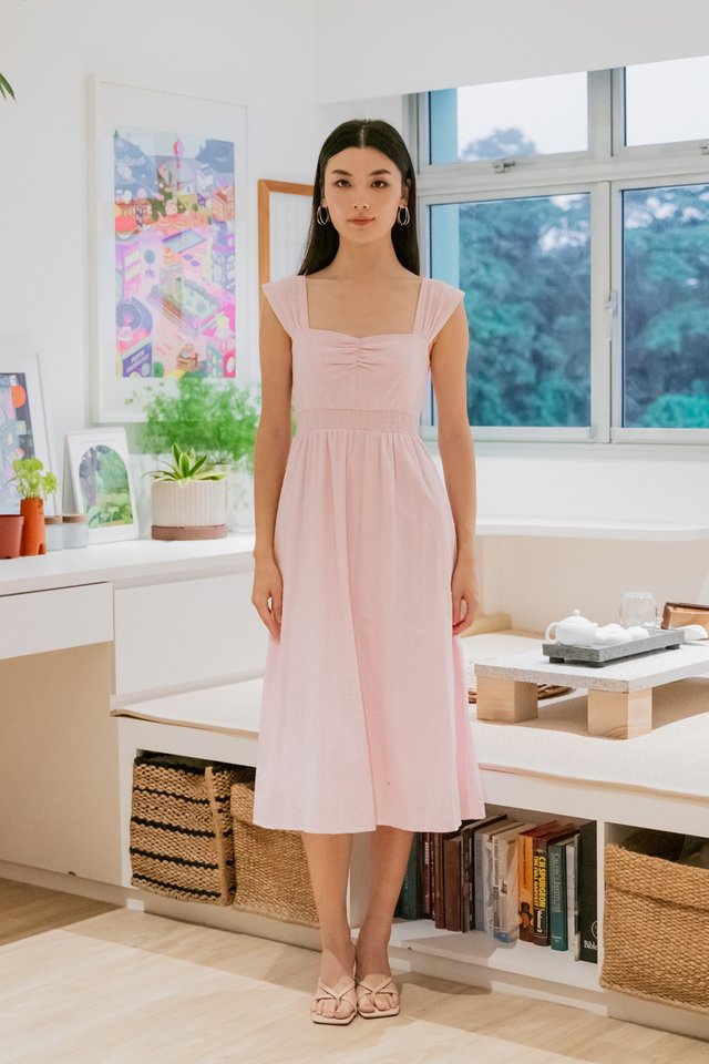 Sophie Swissdot Smocked Waist Midi Dress In Pink
