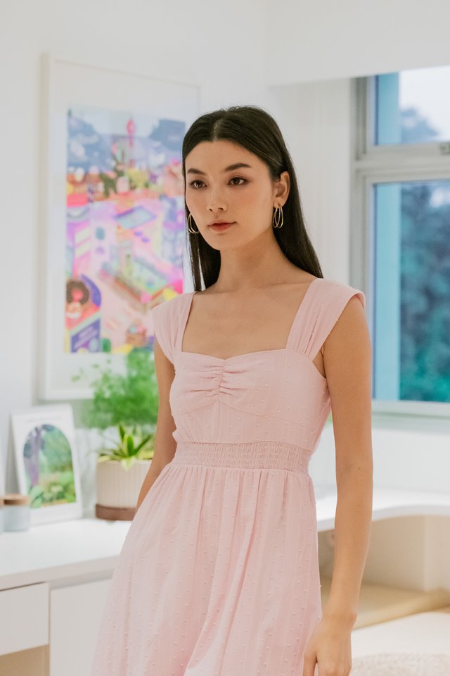 Sophie Swissdot Smocked Waist Midi Dress In Pink
