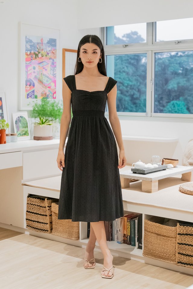 Sophie Swissdot Smocked Waist Midi Dress In Black