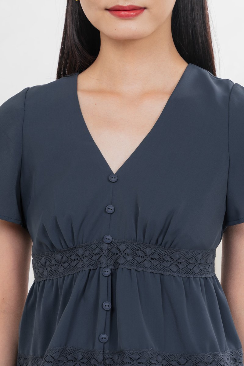Moonlace Buttons Babydoll Top In Teal Blue