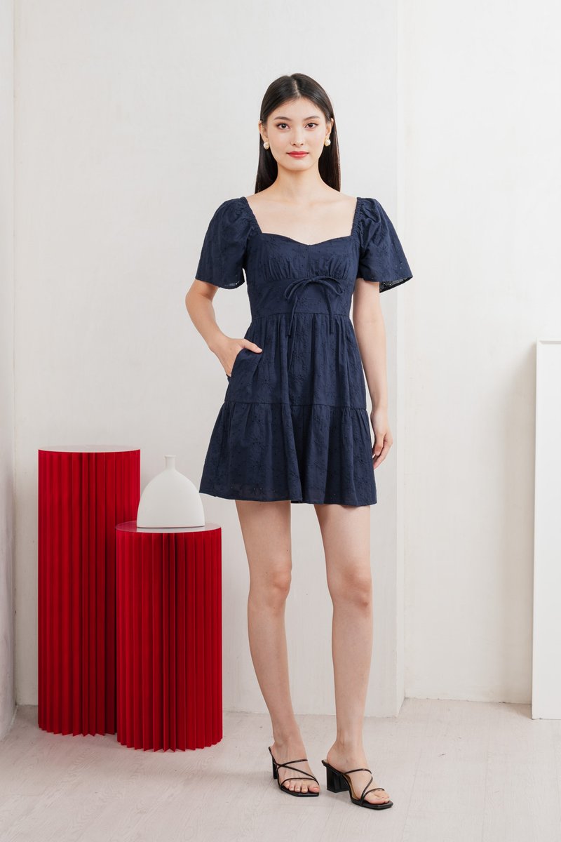 Etoile Floral Eyelet Ribbon Dress In Navy
