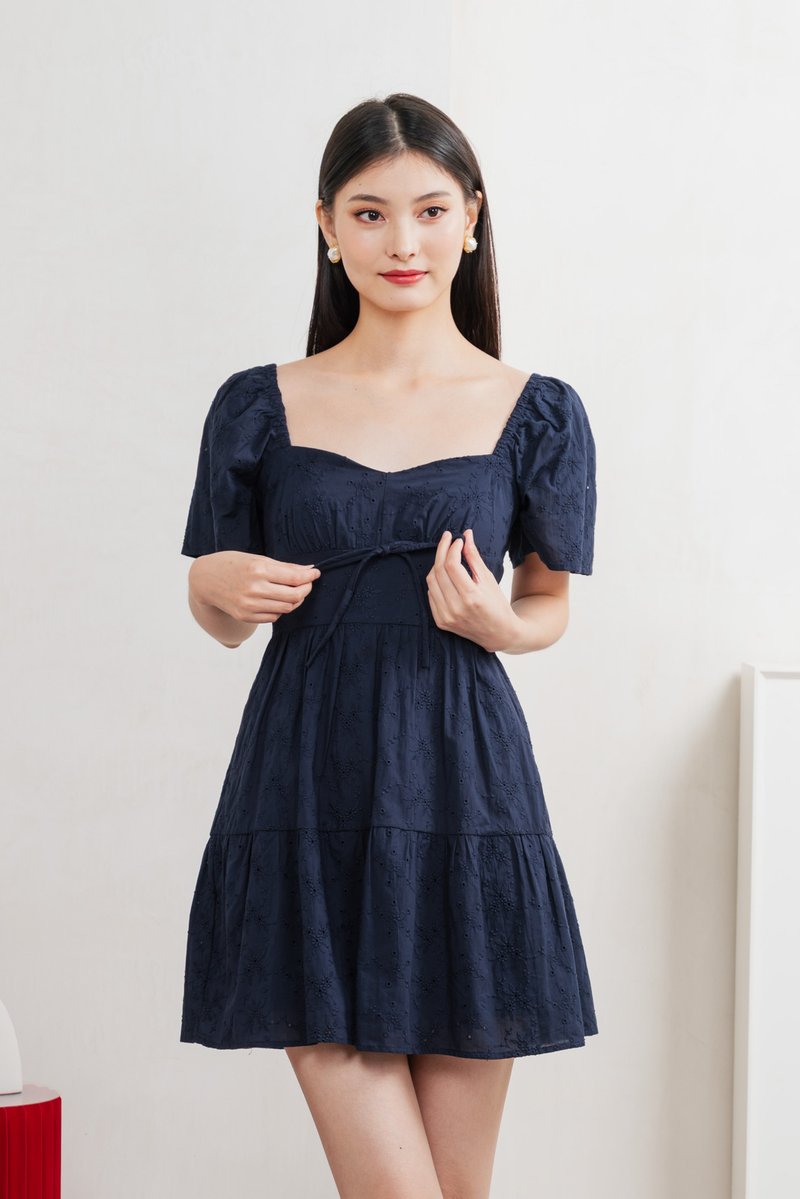 Etoile Floral Eyelet Ribbon Dress In Navy
