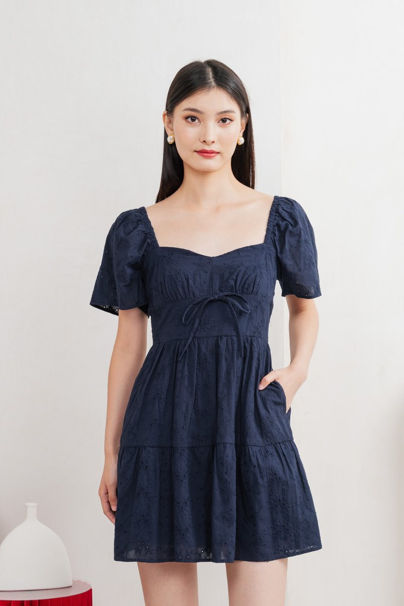 Etoile Floral Eyelet Ribbon Dress In Navy