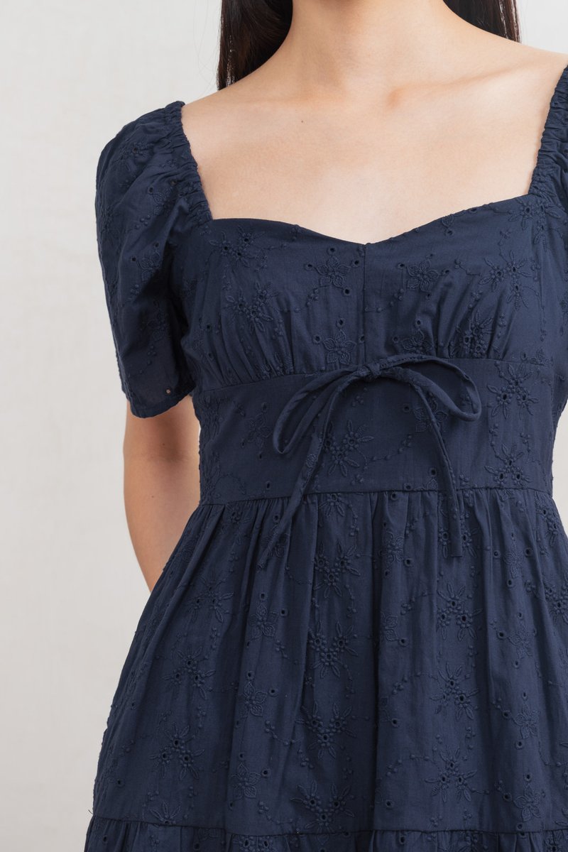 Etoile Floral Eyelet Ribbon Dress In Navy