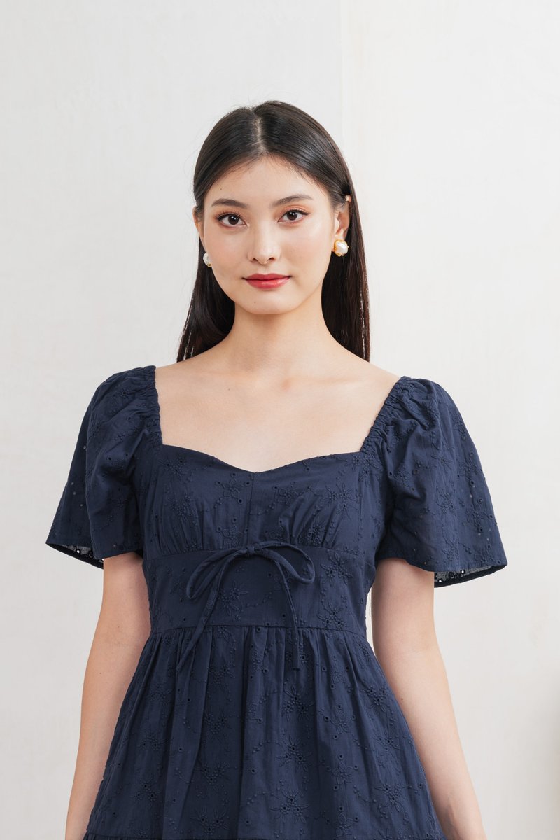 Etoile Floral Eyelet Ribbon Dress In Navy