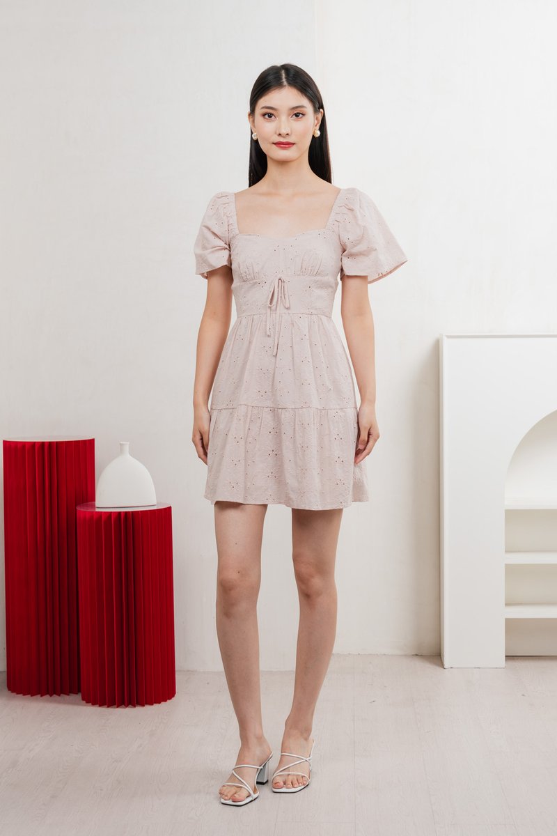 Etoile Floral Eyelet Ribbon Dress In Dusty Pink
