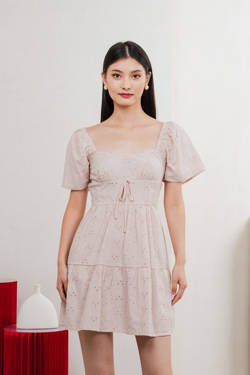 Etoile Floral Eyelet Ribbon Dress In Dusty Pink