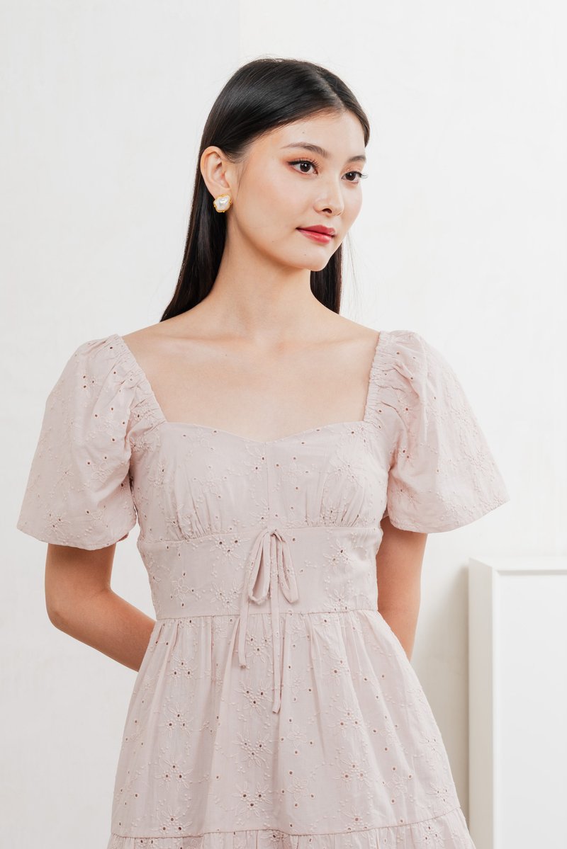 Etoile Floral Eyelet Ribbon Dress In Dusty Pink