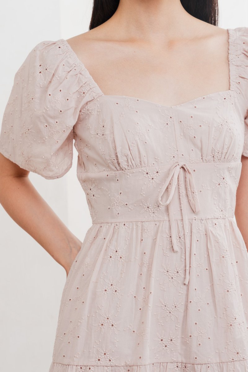 Etoile Floral Eyelet Ribbon Dress In Dusty Pink