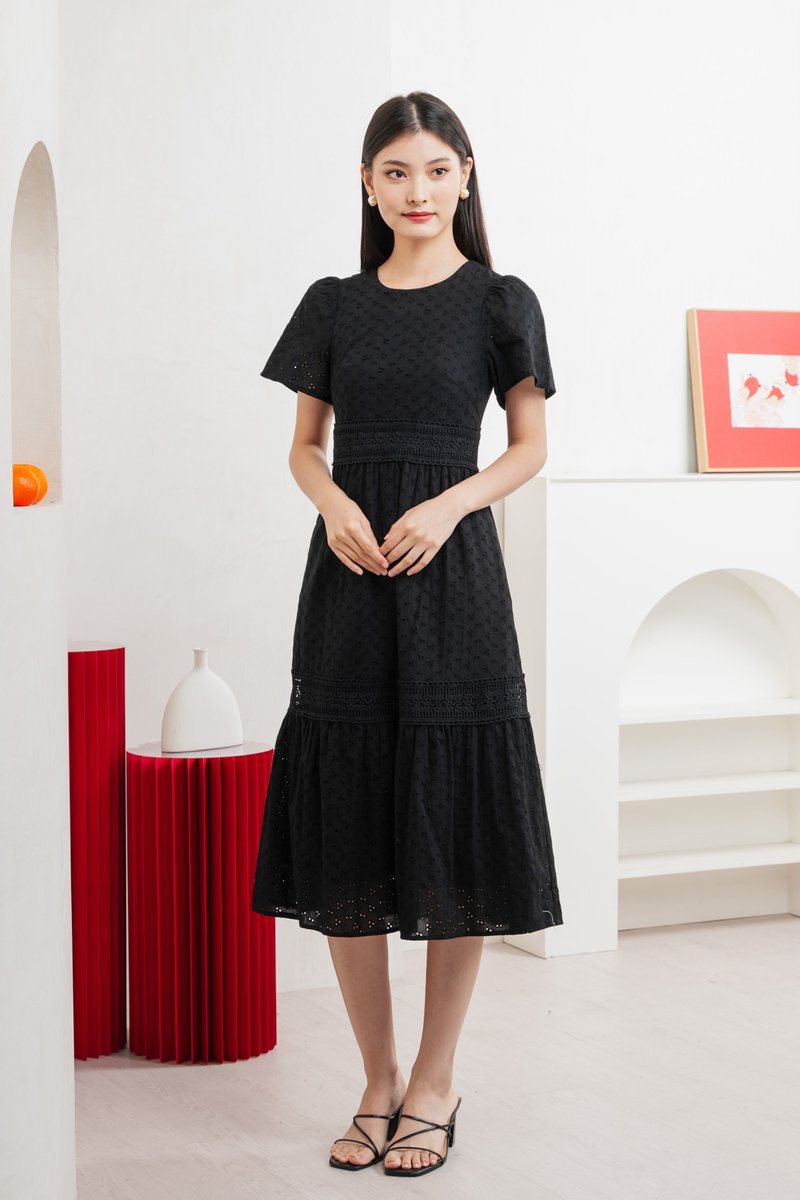 Splendor Eyelet Lace Midi Dress In Black