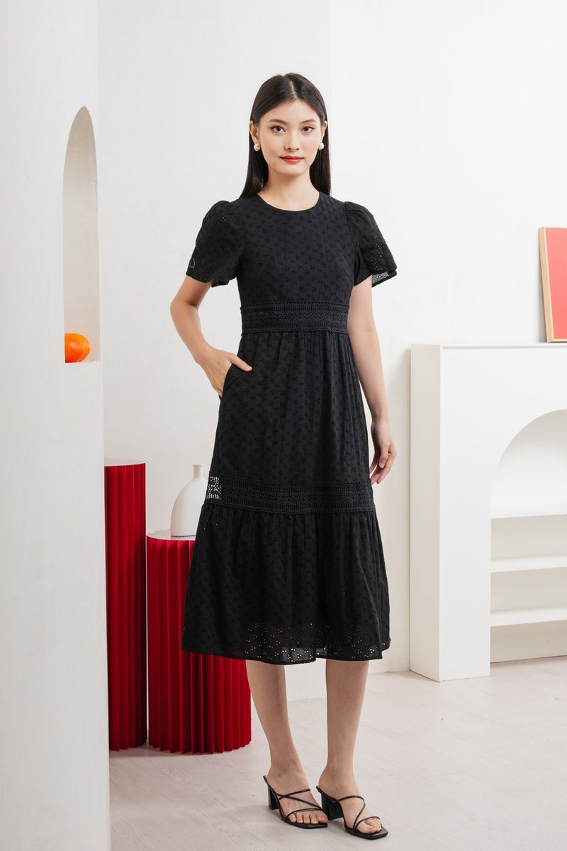 Splendor Eyelet Lace Midi Dress In Black