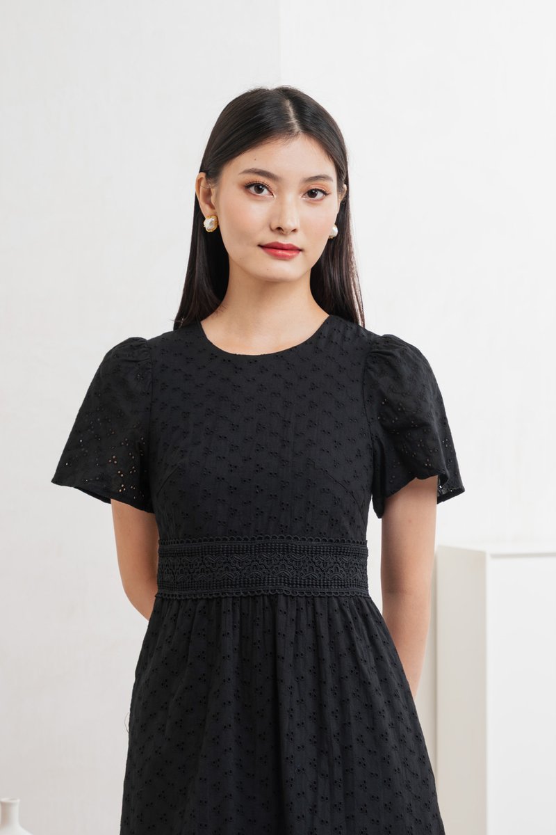 Splendor Eyelet Lace Midi Dress In Black
