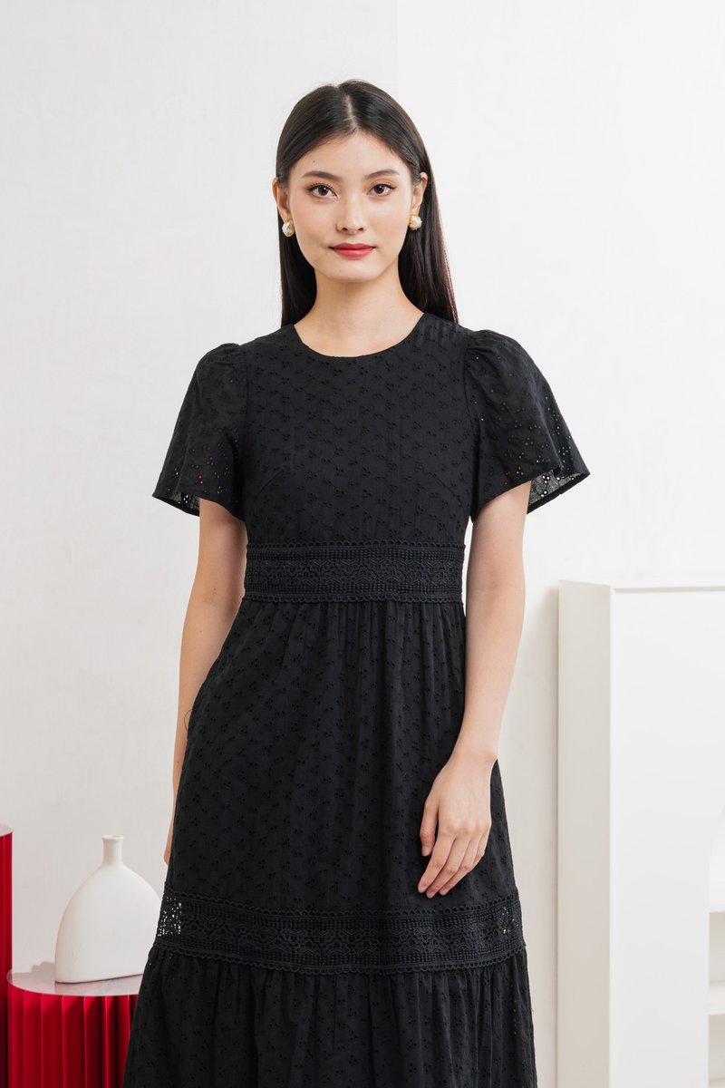Splendor Eyelet Lace Midi Dress In Black