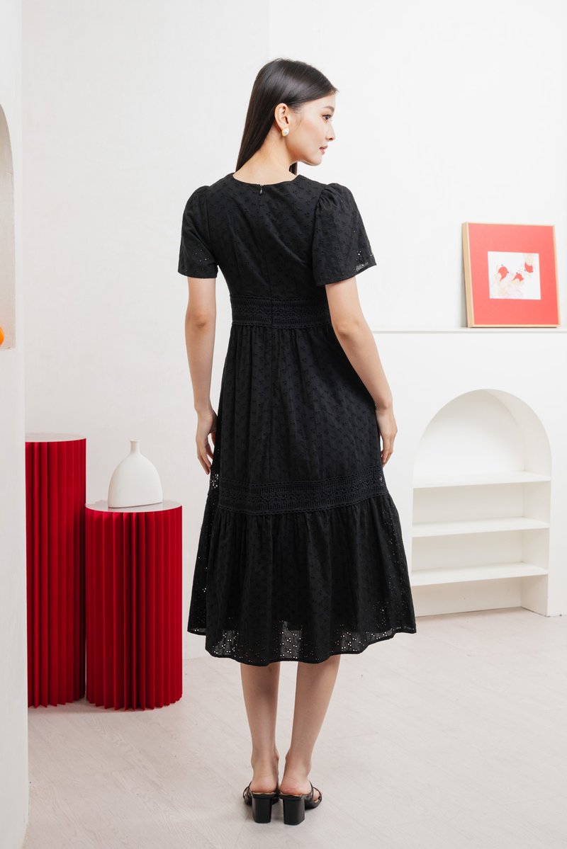 Splendor Eyelet Lace Midi Dress In Black