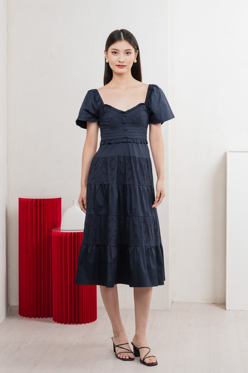 Perla Pintuck Eyelet Maxi Dress In Navy