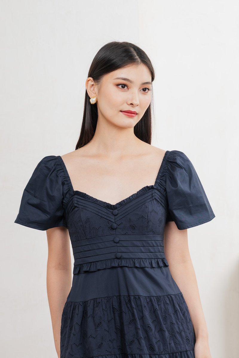 Perla Pintuck Eyelet Maxi Dress In Navy