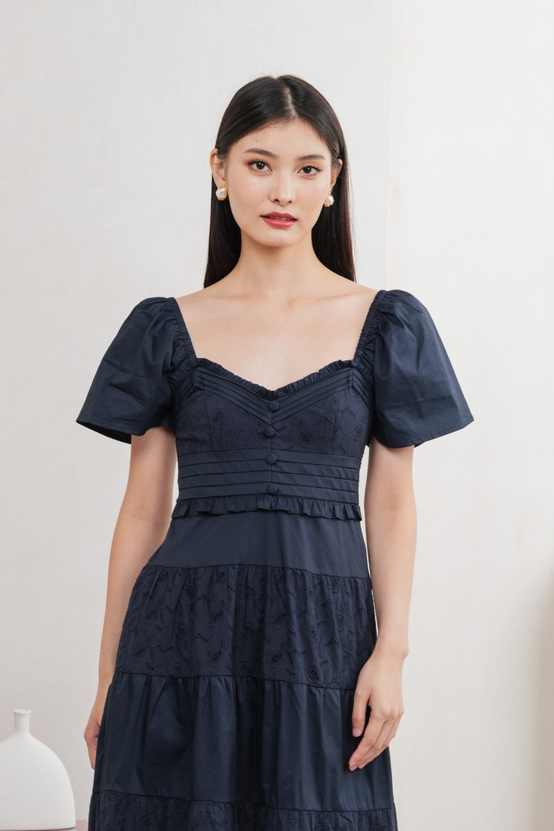 Perla Pintuck Eyelet Maxi Dress In Navy