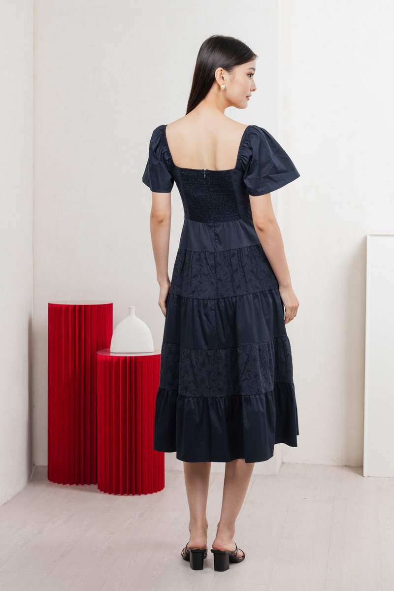 Perla Pintuck Eyelet Maxi Dress In Navy