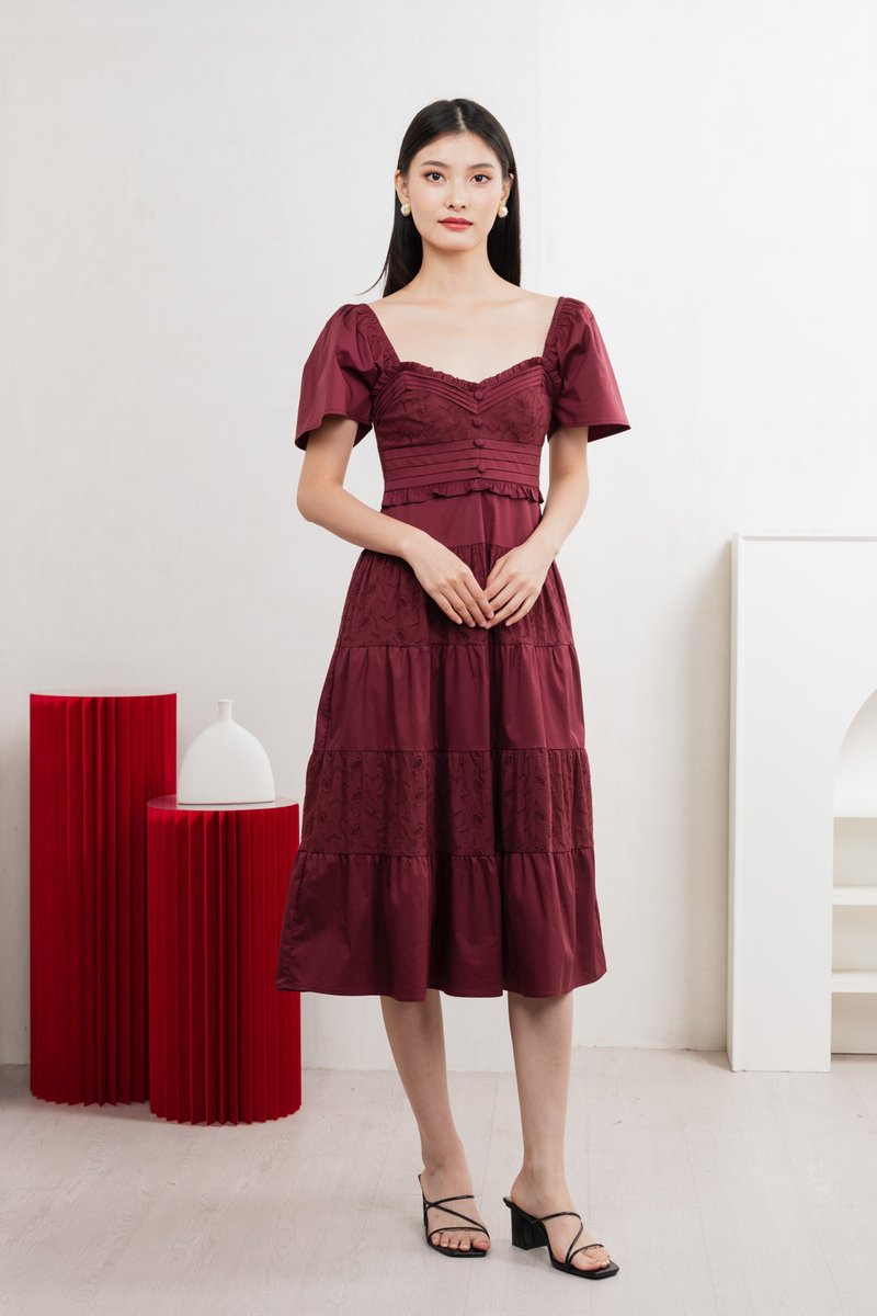 Perla Pintuck Eyelet Maxi Dress In Wine