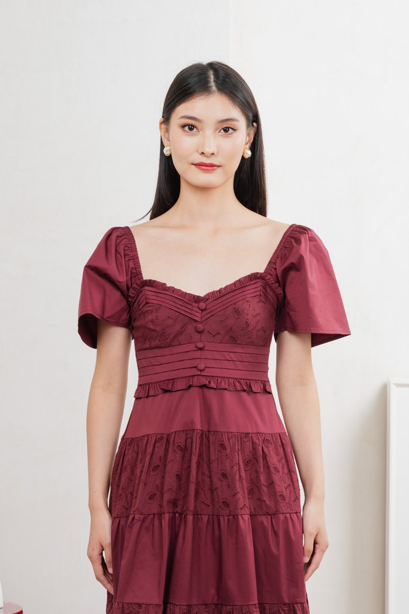Perla Pintuck Eyelet Maxi Dress In Wine