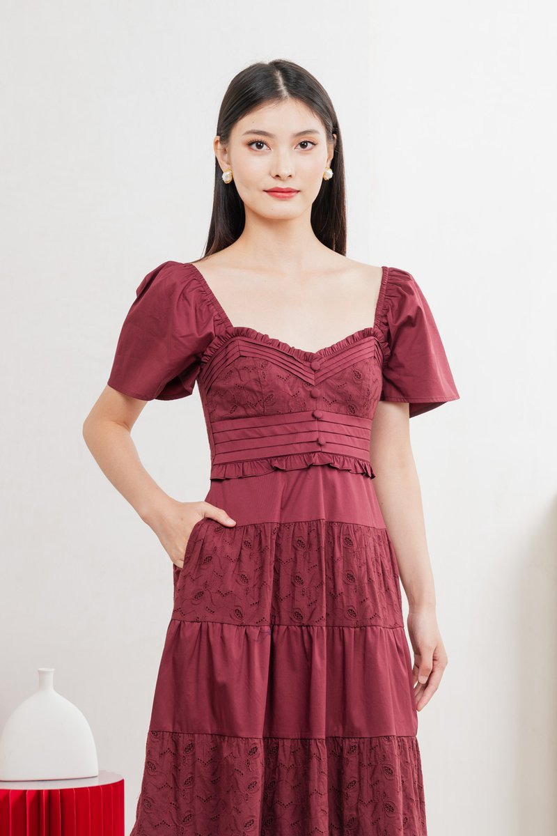 Perla Pintuck Eyelet Maxi Dress In Wine