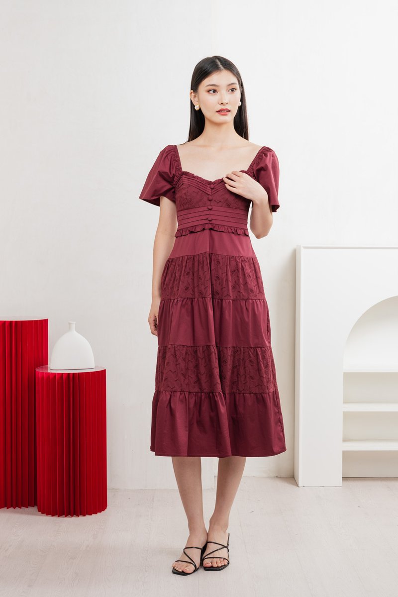 Perla Pintuck Eyelet Maxi Dress In Wine