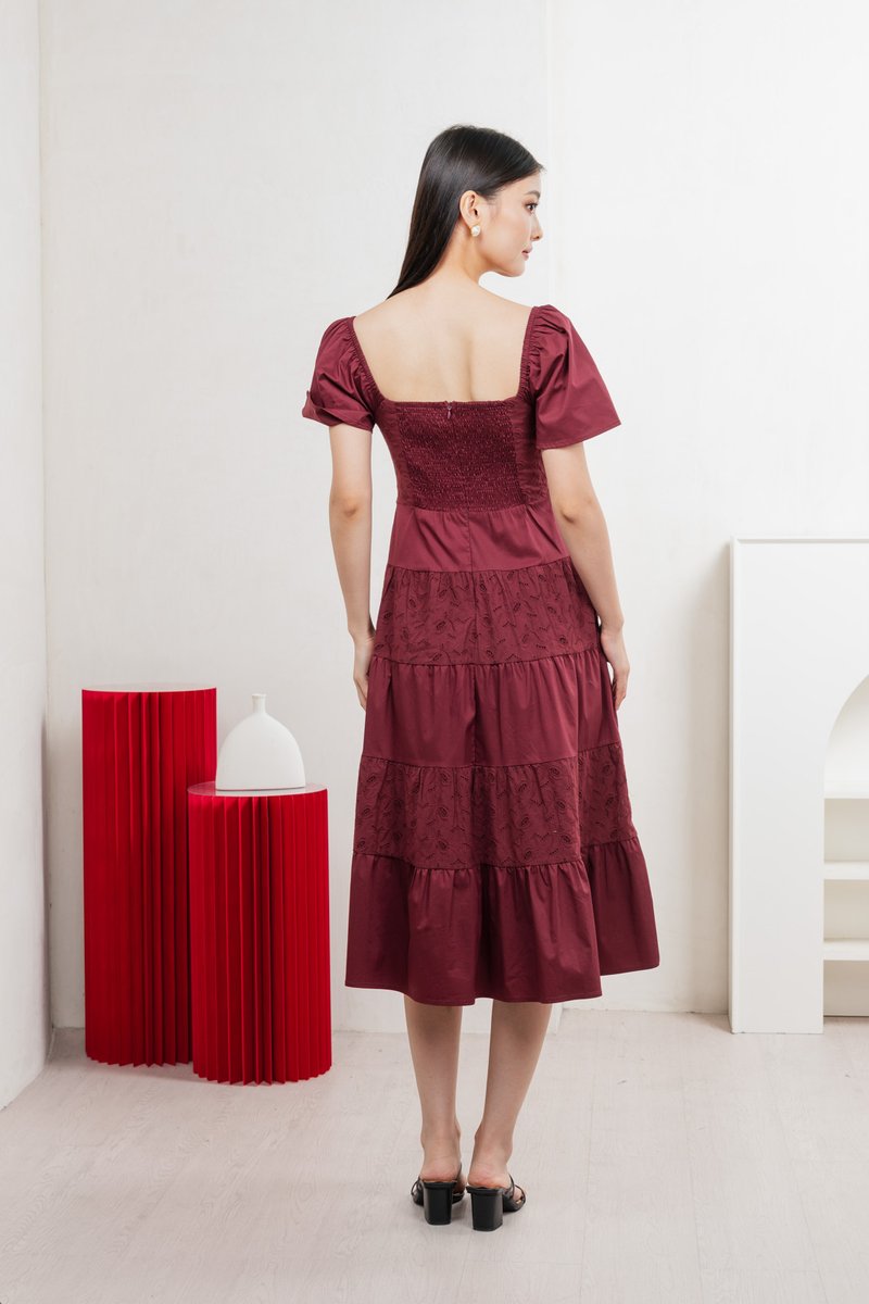 Perla Pintuck Eyelet Maxi Dress In Wine