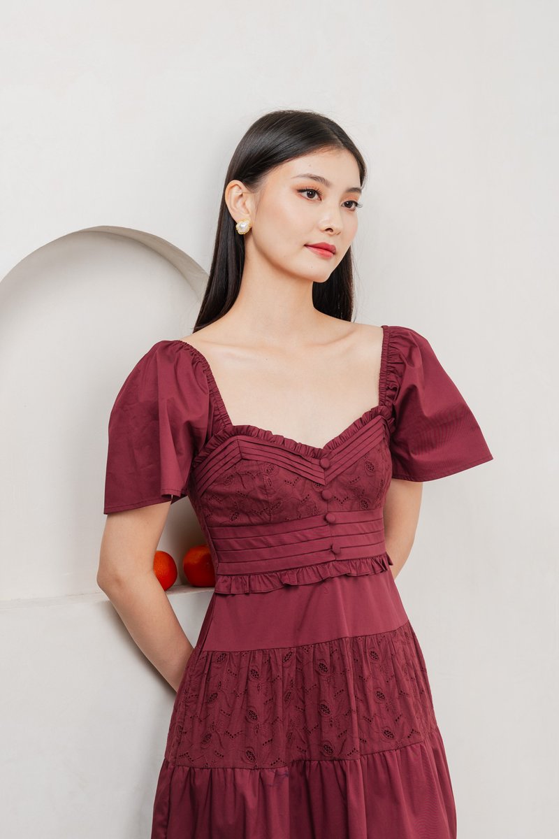 Perla Pintuck Eyelet Maxi Dress In Wine