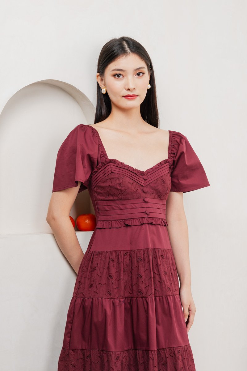 Perla Pintuck Eyelet Maxi Dress In Wine