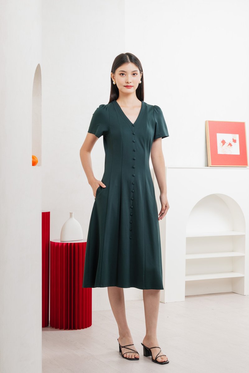 Lucien Buttons Midi Dress In Deep Emerald