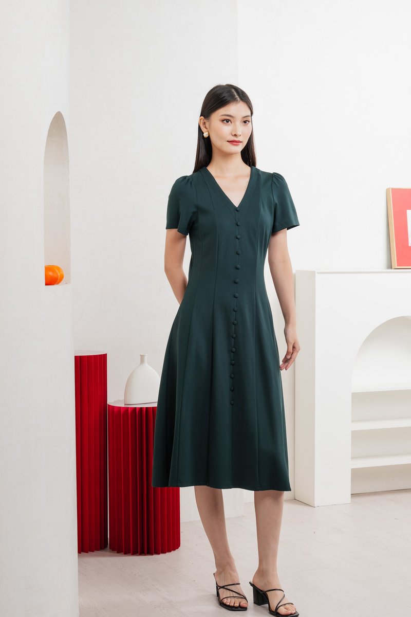Lucien Buttons Midi Dress In Deep Emerald