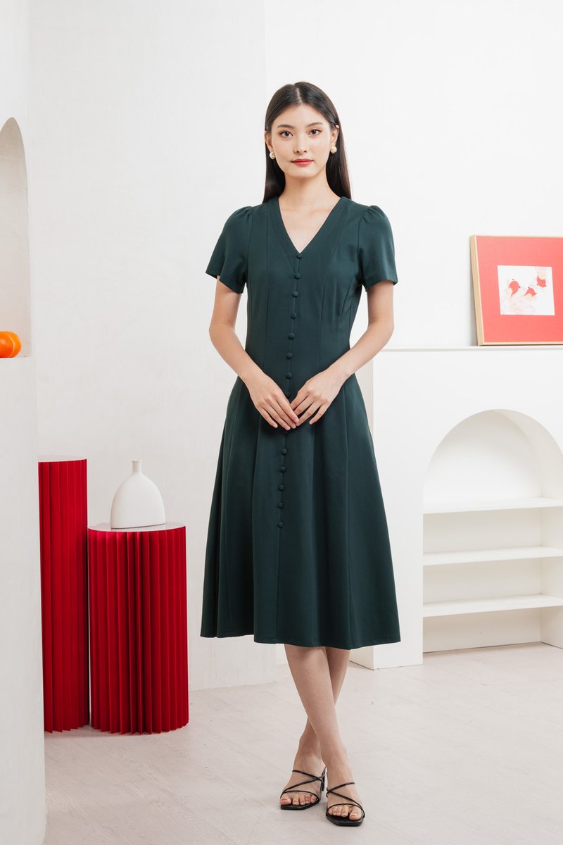 Lucien Buttons Midi Dress In Deep Emerald