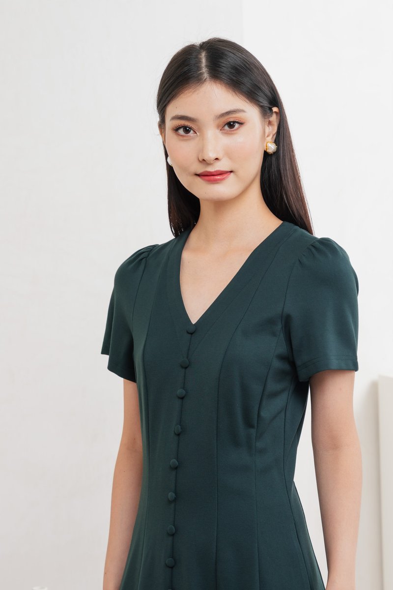 Lucien Buttons Midi Dress In Deep Emerald