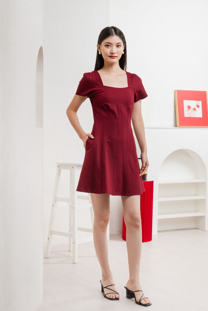 Camara Cotton Panelled Dress In Deep Red