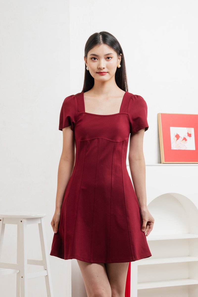 Camara Cotton Panelled Dress In Deep Red