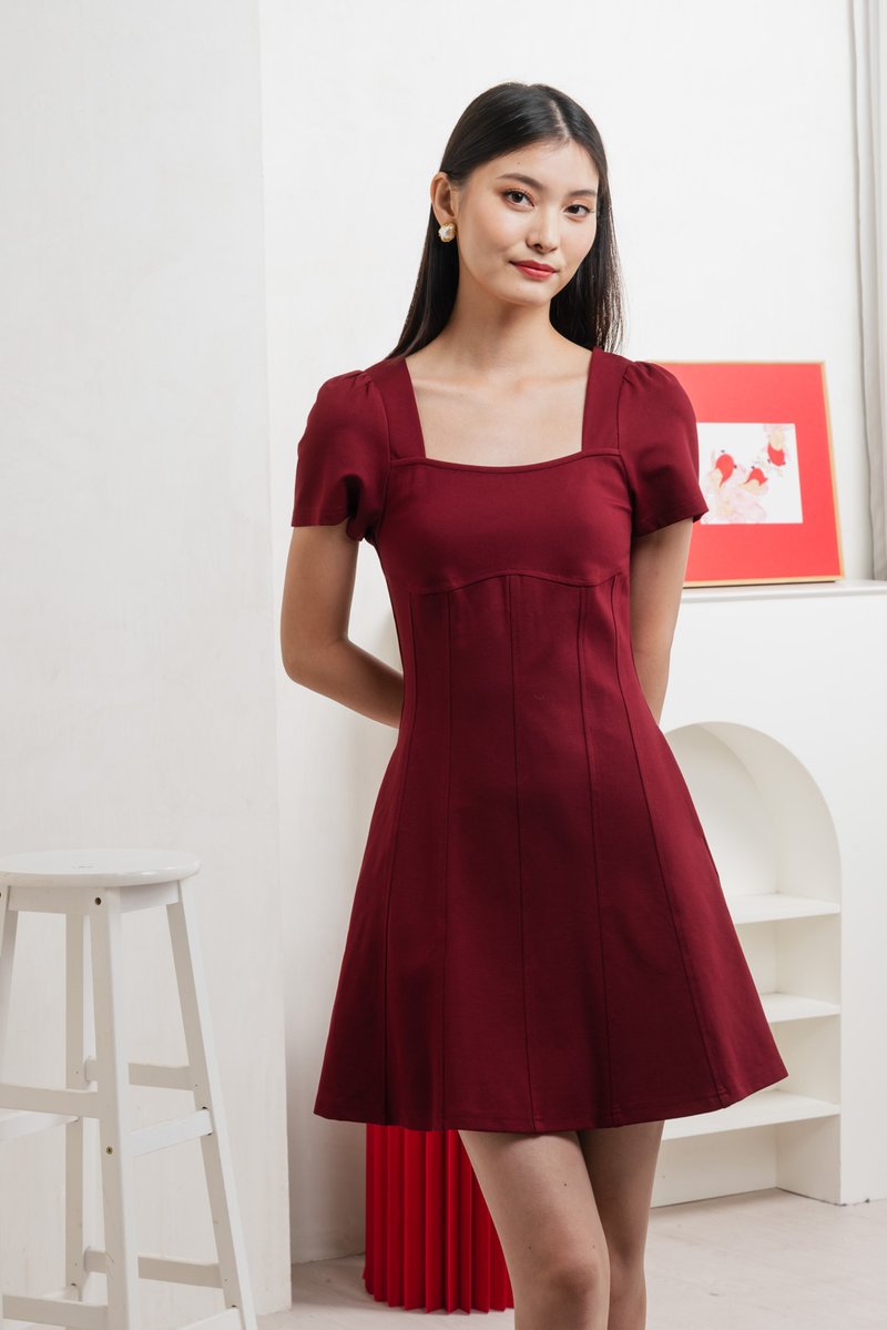 Camara Cotton Panelled Dress In Deep Red