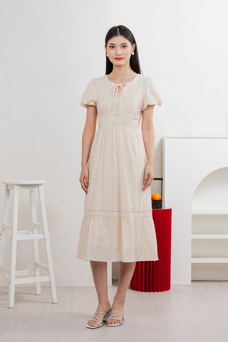 Kind Eyelet Cottagecore Midi Dress In Cream