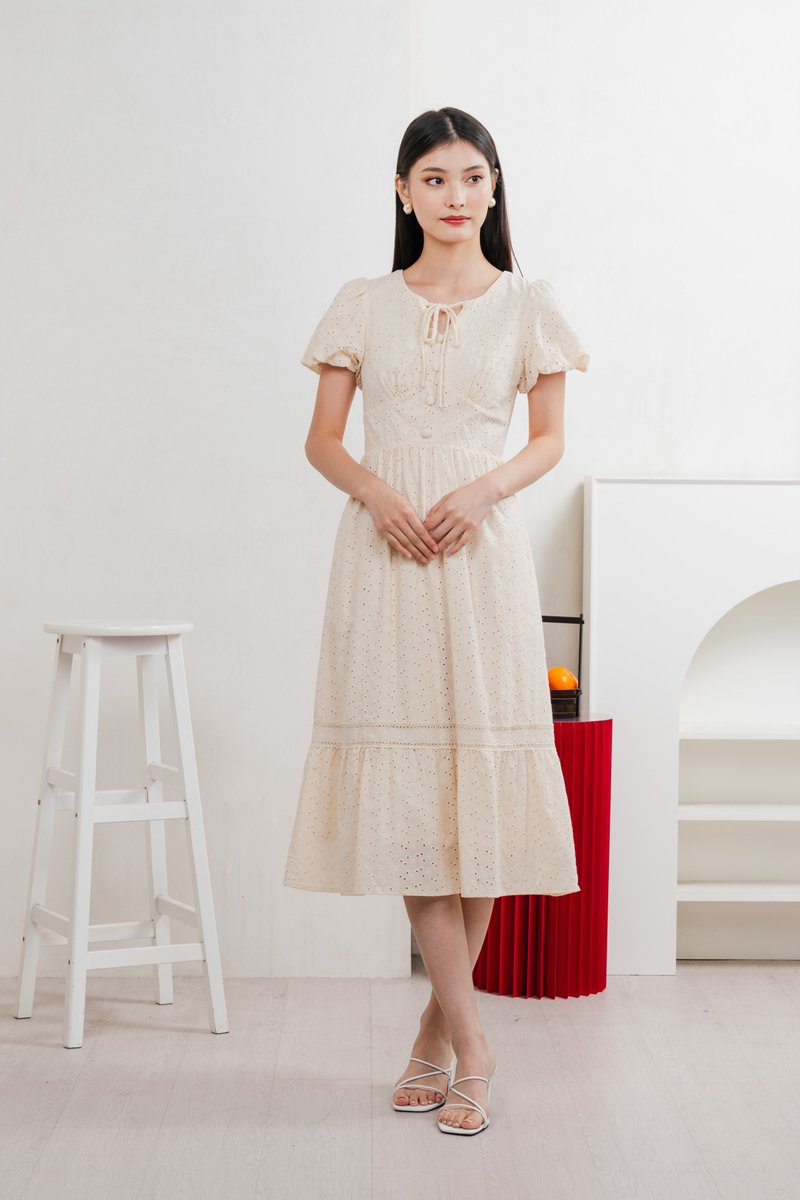 Kind Eyelet Cottagecore Midi Dress In Cream