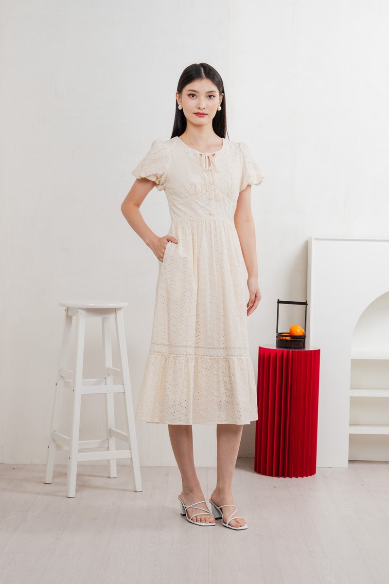 Kind Eyelet Cottagecore Midi Dress In Cream