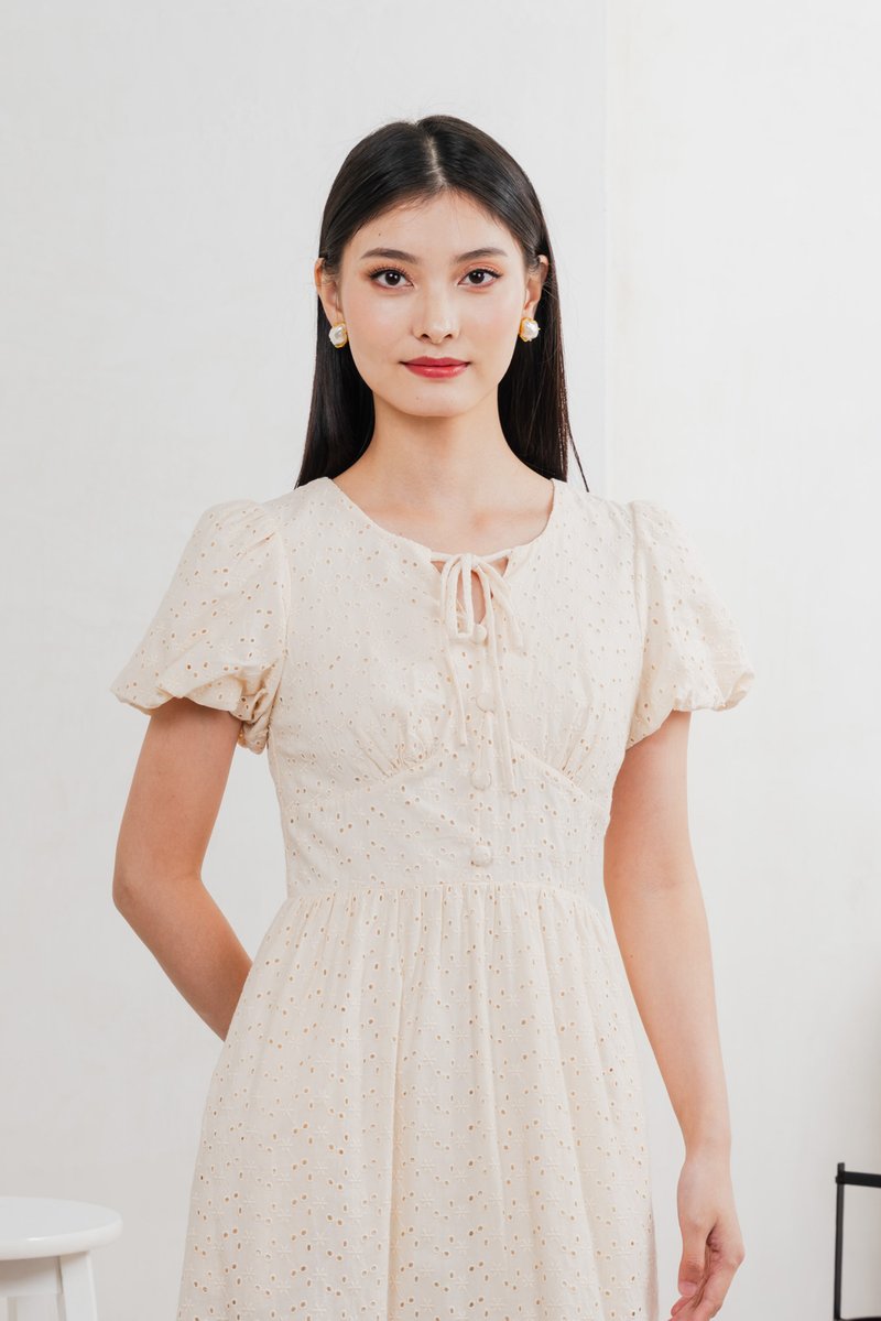 Kind Eyelet Cottagecore Midi Dress In Cream