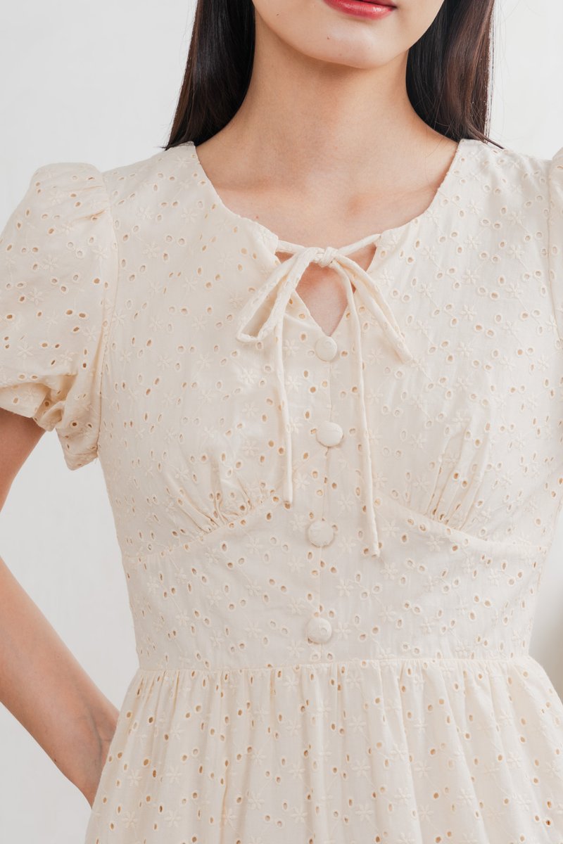 Kind Eyelet Cottagecore Midi Dress In Cream