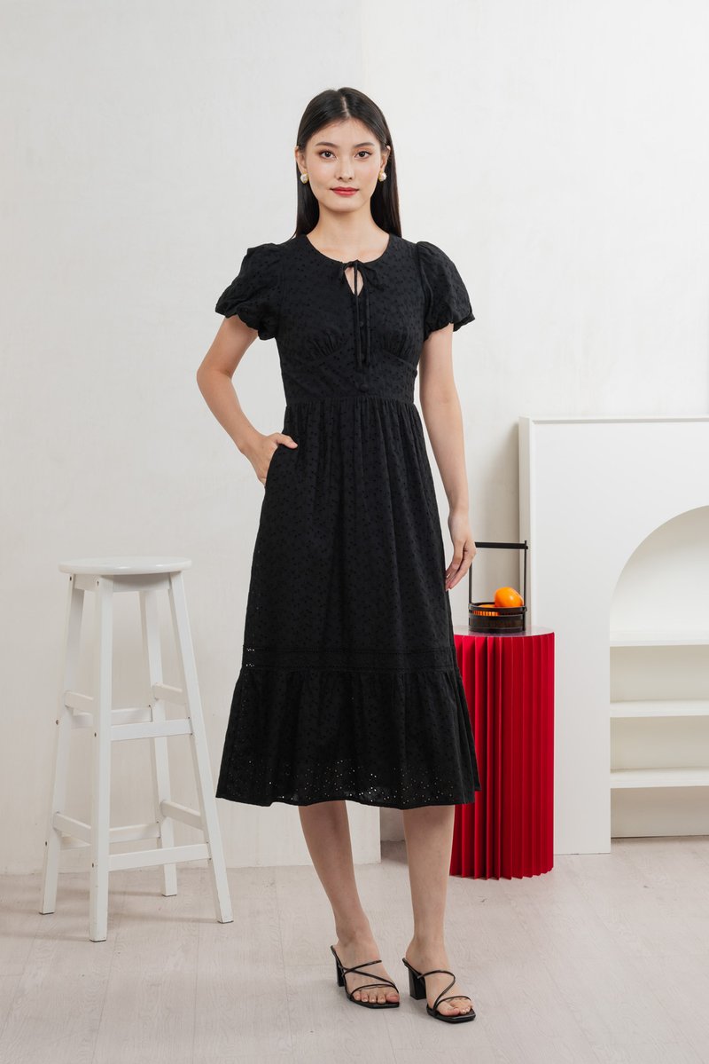 Kind Eyelet Cottagecore Midi Dress In Black