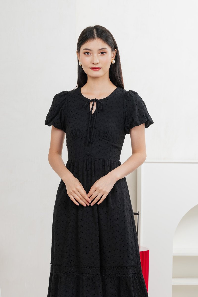 Kind Eyelet Cottagecore Midi Dress In Black
