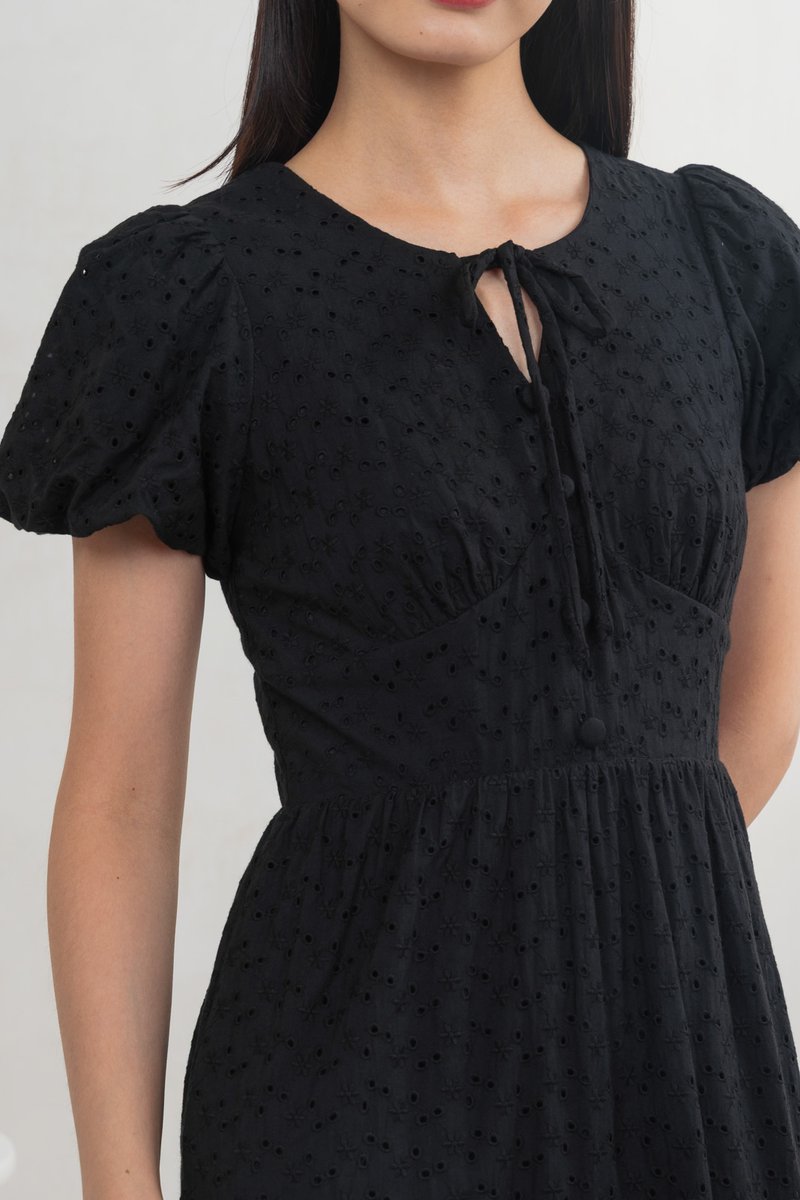 Kind Eyelet Cottagecore Midi Dress In Black
