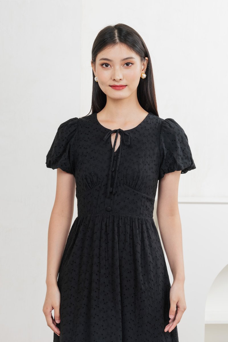 Kind Eyelet Cottagecore Midi Dress In Black